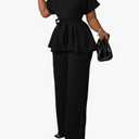 Women's 2 Piece Outfits Suit Set Short Sleeve Peplum Top Flared Pants Sets Business Pantsuits Black, 4XL
