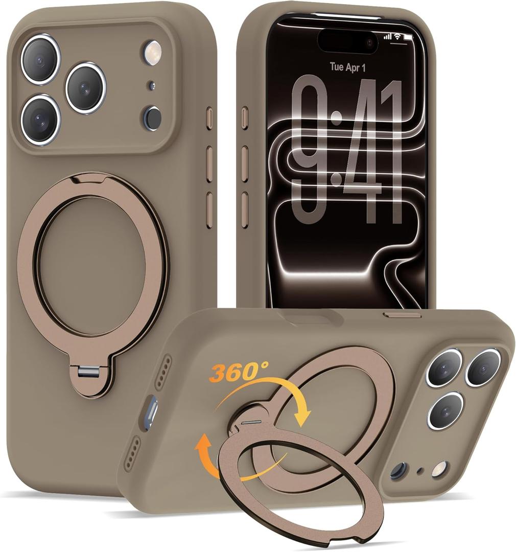 Compatible with iPhone 17 Pro Case 6.3'' with 360 Spin Magnetic Ring Stand[Compatible with Mag-Safe] Soft Liquid Silicone 17 Pro Case for Men Women, Desert Gold