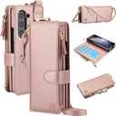 for Samsung Galaxy Z Fold 5 Case Wallet with RFID Blocking Card Holder and Shoulder Strap Wrist Strap, Multi-Function Stylish Ring Zipper Purse Case for Galaxy Z Fold 5, Rose Gold