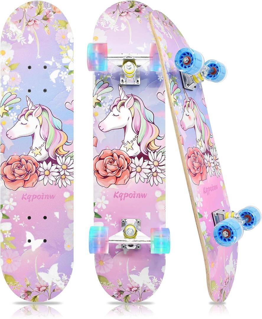 Standard Skateboards with Colorful Flashing Wheels for Beginners, Kids,Teens, 7 Layer Maple Complete Skateboard for Girls Boys, 31" x 7.8" Double Kick Concave Kids skateboard with Skate T-Tool