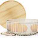 Metal Wire Mesh Fruit Baskets with Wooden Lid - Fly-Proof Indoor Solution for Fresh Fruits - Covered Fruit Bowl - Produce Cover Against Flies for Vegetables - Warm Gray