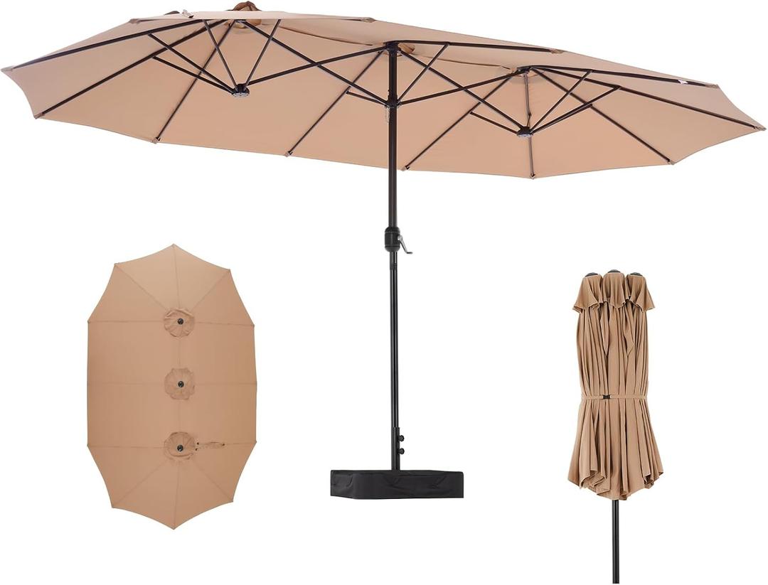 DUMOS 15FT Large Patio Umbrella with Base Included, Heavy Duty Extra Wide Outside Umbrella with 12 Ribbed Bars, Rectangle Outdoor Table Umbrella for Patio, Backyard, Pool, Deck & Garden,Khaki