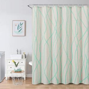 Mint Green Modern Farmhouse Linen Shower Curtain, Country Cottage Bathroom Decor Striped Minimal Boho Textured Linen Shower Curtain Set with Hooks, 72x72