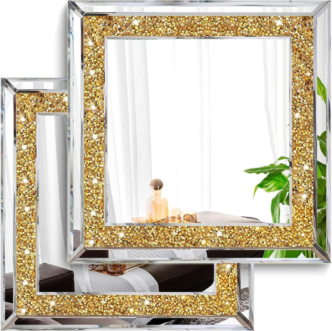 2 Piece Wall Mirrors, Crush Diamond Wall Decor, Gold Color Decorative Mirrors for Living Room, Bedroom, Bathroom. (12'x12') (12x12 inch (2 Pack) Square)