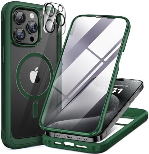 Miracase Magnetic for iPhone 12 Pro Max Case [Compatible with MagSafe] Full-Body Phone case with Built-in Glass Screen Protector& Camera Protector, Military Drop Proof 12 Pro Max Cover, Green