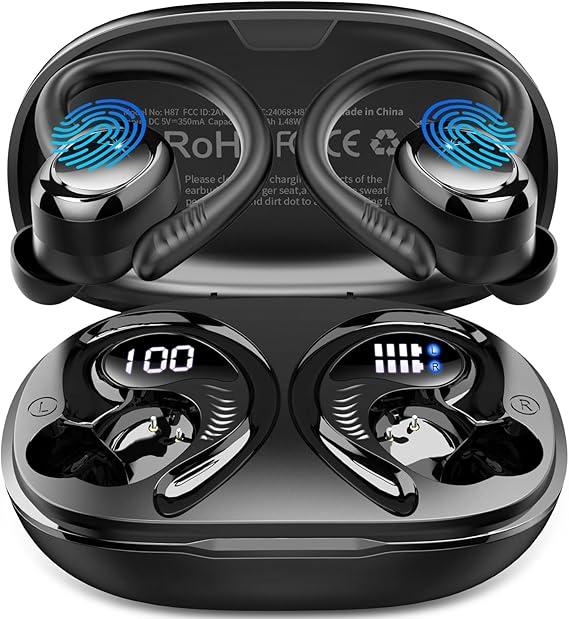 Wireless Earbuds Sport, 2025 Bluetooth 5.4 Headphones with Earhooks, 50H Stereo Deep Bass Over Ear Buds with 4 ENC Noise Canceling Mics, IP7 Waterproof Earphones for Running Workout Gym (Android/iOS)