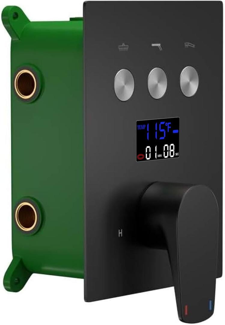 Matte Black Shower Diverter Valve Wall Mount Shower Faucet Rough-In Valve Bathroom Trim Kit Digital Display Single Handle Tub Shower Valve Mixer