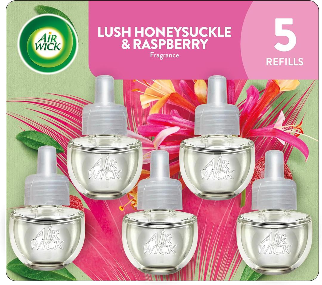 Air Wick Plug in Scented Oil Refill, 5 ct, Lush Honeysuckle and Raspberry, Air Freshener, Essential Oils, Spring Collection