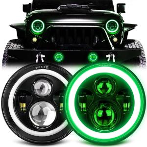 7 Inch Halo LED Headlight with Green DRL Amber Turn Signal Light DOT Approved 7 inch led headlight Compatible with Wrangler Halo Headlights JK TJ LJ CJ, Green Halo