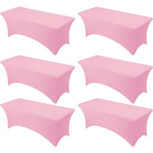 6-Pack Premium Pink Spandex Tablecloths for 8ft Rectangle Tables, Stain & Wrinkle-Resistant, Washable Stretch Polyester Fitted Table Cover for Weddings, Banquets, Trade Shows Events