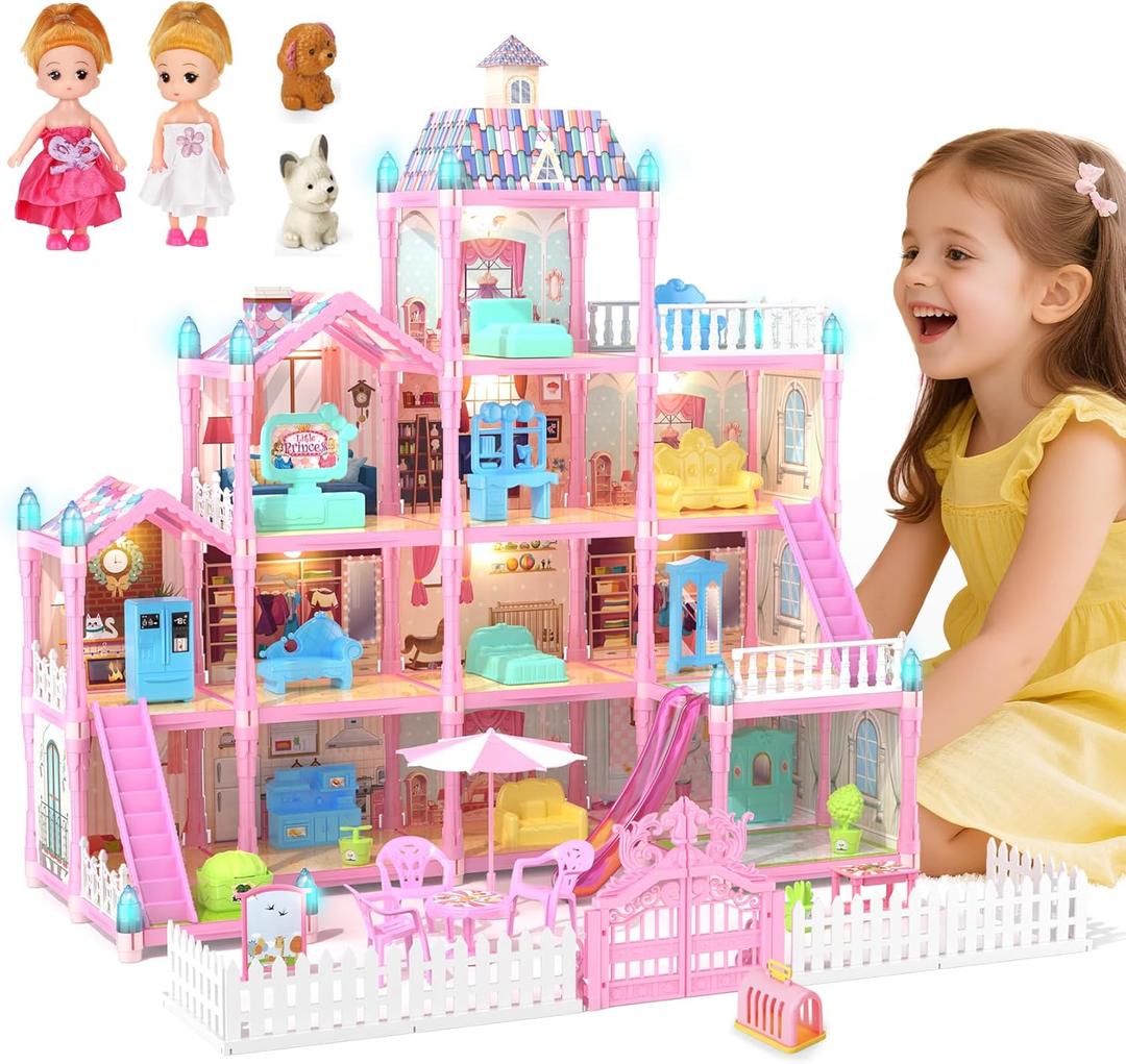 Randhar Doll House for Girls with Lights, 3 Dolls, 4 Floors -13 Rooms, 7 Sets of Furniture and Accessories, Design and Build Gift for 3 4 5 6 7 8+ Year Old Girls (Pink)
