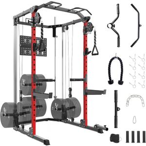 GarveeHome 2000 LBS Power Cage, Squat Rack, Multifunctional Weight Cage with Cable Crossover System and LAT Pulldown, Workout Cage with Adjustable Safety Bars for Home Gym, Black (Red)