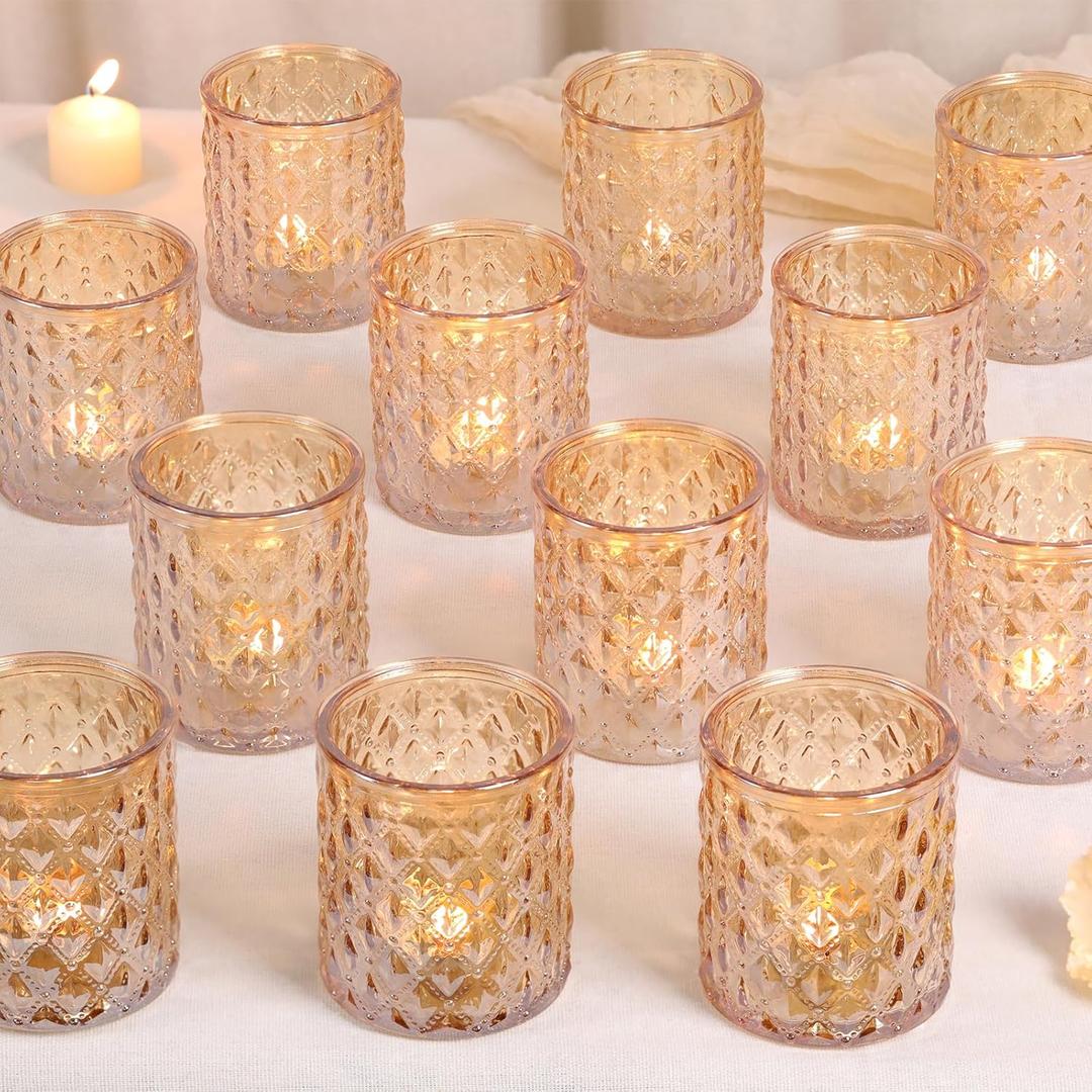 12 Pcs Large Votive Candle Holders 2.8 * 3.2inch Gold Tea Light Candle Holders Glass Candle Holder for Bridal Shower, Wedding, Table Centerpiece, Party, Home Decor