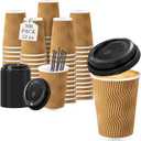Lamosi 500 Pack Disposable Coffee Cups with Lids, 12 oz Insulated Hot Cups To Go Paper Coffee Cups with Lids and Straws, Corrugated Ripple Wall Cup for Hot Drink, Office, Coffee Bar (Champagne)