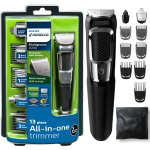 Norelco Philips Multigroomer All-in-One Trimmer Series 3000, 13 Piece Mens Grooming Kit, for Beard, Face, Nose, and Ear Hair Trimmer and Hair Clipper, NO Blade Oil Needed, MG3750/60