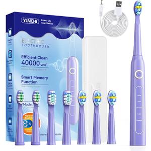 YUNCHI Electric Toothbrush for Adults, Rechargeable Sonic Toothbrush, Kids Electric Toothbrush-8 Brush Heads,5 Modes & 2 Minutes Smart Timer, IPX7 Waterproof, Toothbrush, Travel Case, Purple