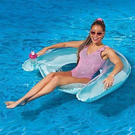 Inflatable Pool Float Chair - Floating Pool Chair Lounge Floats for Swimming Pool with Cup Holder Pool Toy Party Floaties, 4 ft Wide Comfort Chair Lounge for Pool, 220 lbs Weight Capacity (Light Blue)