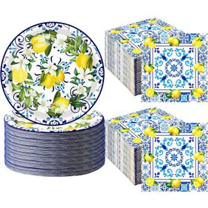 100Pcs Capri Lemon Party Supplies Blue Tiles Yellow Lemon Party Set 7"Capri Lemon Citrus Fruit Paper Plates and Capri Lemons Napkins for Baby Shower Lemon Birthday Italian Theme Party Decor Serves 50