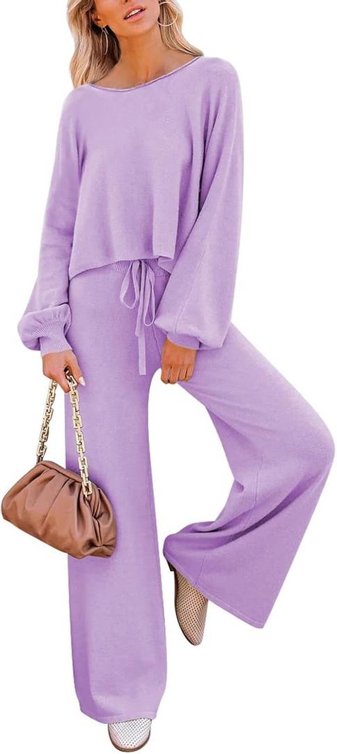 Pink Queen Women's 2 Piece Lounge Outfit Sweater Set Long Sleeve Crop Knit Top and Wide Leg Long Pants Sweatsuit (Purple, XL)