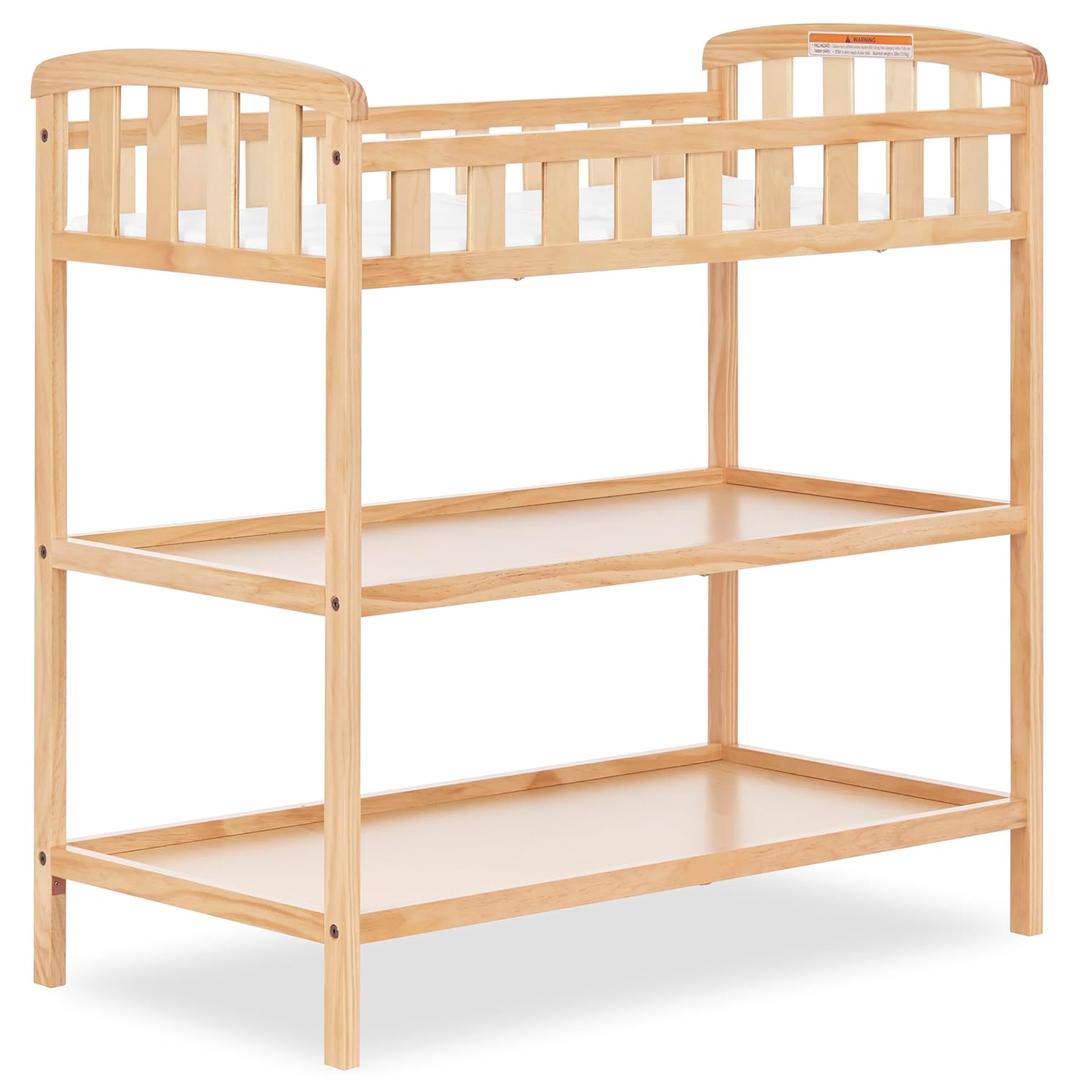 Dream On Me Emily Changing Table, Compact and Lightweight, Solid New Zealand Pinewood, Elevated Safety Rails, Two Storage Shelves, Includes Water-Resistant 1" Changing Pad  Natural