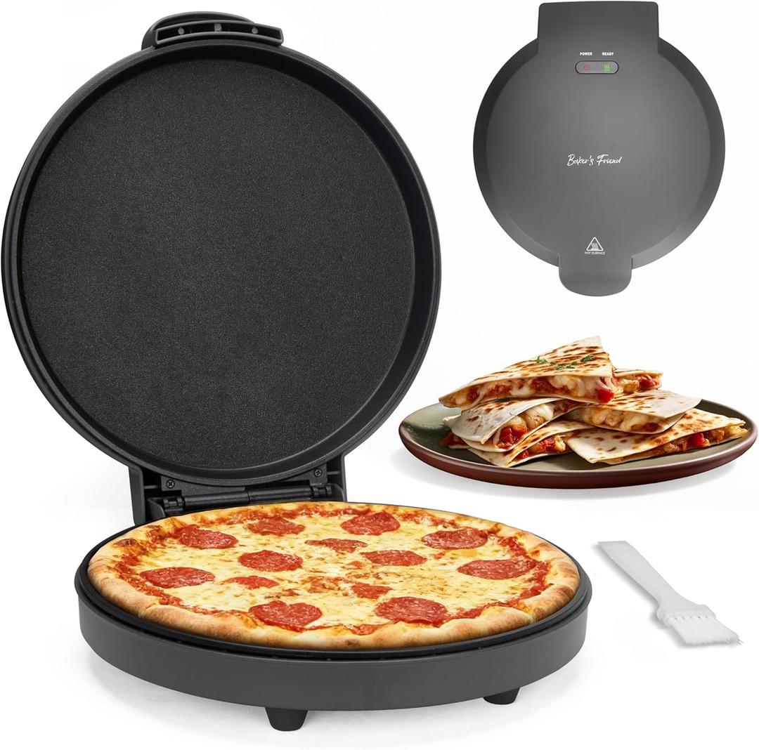 Bakers Friend Countertop Pizza Maker Electric, 12 Inch Pizza Maker Machine for Home, Quesadilla Maker, Non-stick Cooking Plates,Horno Para Pizza, 1400W, Graphite