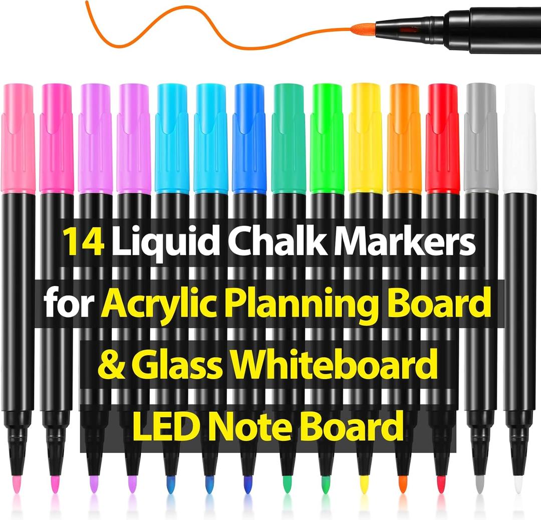 Liquid Chalk Markers for LED Drawing Note Board Acrylic Calendar Planning Board Clear Glass Dry Erase Whiteboard Window Mirror Christmas Holidays Painting, 14 Pack, 12 Vibrant Colors, 1mm Fine Points