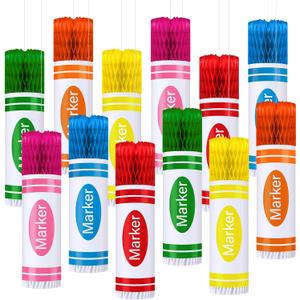 12 Pcs Welcome Back to School Classroom Decorations Markers Hanging Honeycomb Colorful Markers Ceiling Hanging Centerpieces Pencil Lanterns Honeycomb Decor for First Day of School Party