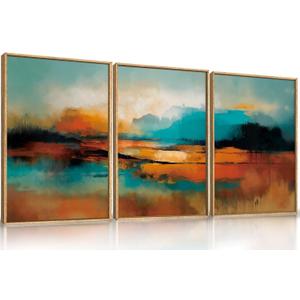 Large Abstract Burnt Orange Framed Canvas Wall Art,Neutral Blue and Black Wall Decor,Modern Brush Stroke Artwork,Minimalist Watercolor Art Print for Living Room,Bedroom,Office- 16"x24"x3