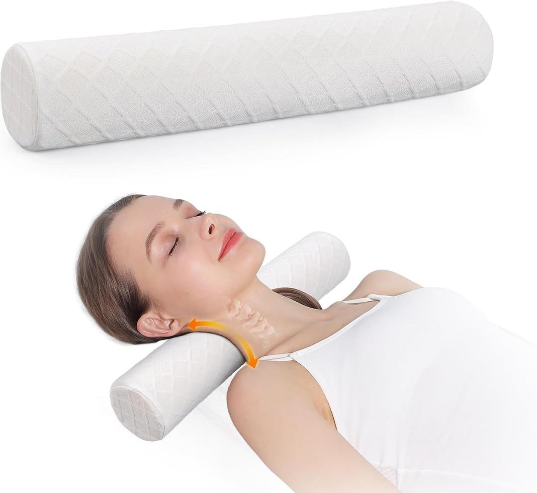 Cozyhealth 3.1" H Small Cervical Roll Pillow, Medium Soft Memory Foam Neck Round Pillow Cylinder Bolster Pillow for Sleeping, Round Neck Support for Bed, Legs, Back and Yoga (White, Small - 3.1" H)