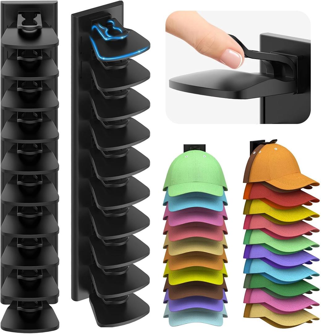 Hat Organizer for Baseball Caps, 2 Pack Hold Up to 40 Hats, Hat Rack for Wall Space Saving, Hat Hanger w/Strong Adhesive Hat Storage Holder Display for Closet Door and Wall (Black)