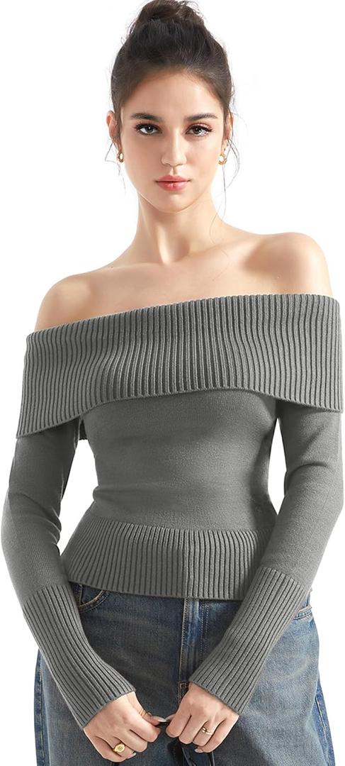 SUUKSESS Women Off Shoulder Sweaters Long Sleeve Ribbed Knit Going Out Fall Tops Blouse (Small, Hemp Gray)