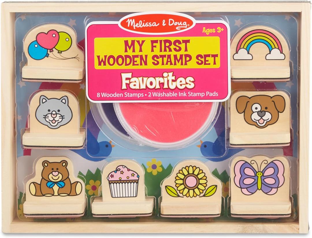 Melissa & Doug My First Wooden Stamp Set Favorites (8 Stamps with Handles, 2 Washable Ink Pads) Wooden Kids Stamps With Handles Set, For Kids Ages 3+