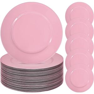 24 Pcs Pink Charger Plates Bulk, 13" Round Beaded Plate Chargers for Dinner Plates, Decorative Dinner Chargers Plastic Table Chargers for Wedding Holiday Party Baby Shower Event Decoration (Pink)
