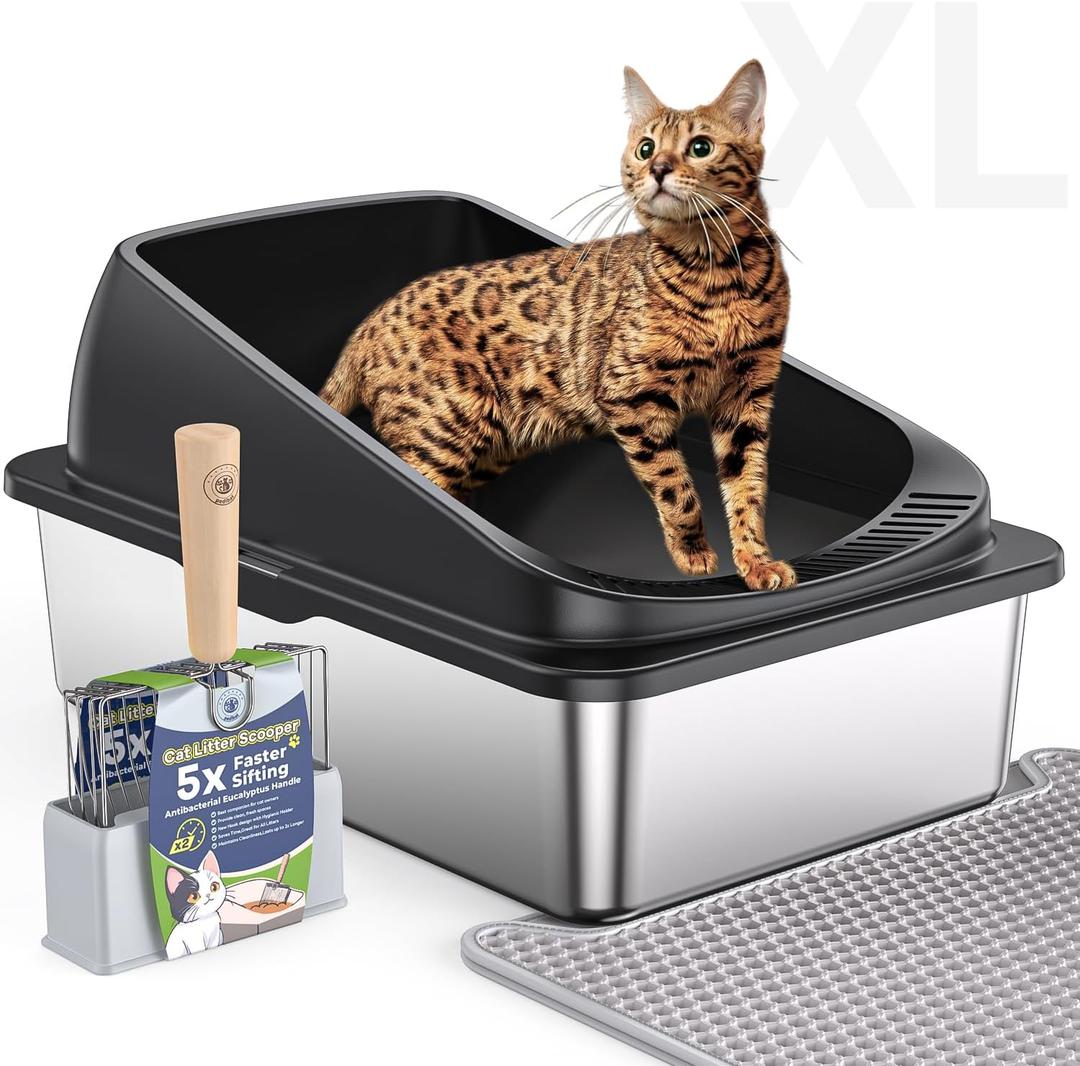 Stainless Steel Cat Litter Box with Scoop, Metal Litter Box High Sided, Cat Litter Box Enclosure, XL Extra Large High-Sided Litter Boxs (Anti-Urine Leakage, Include Scoop) (Black)