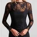 SOLY HUX Women's Floral Lace Mesh Tops Mock Neck Long Sleeve Shirts Slim Fitted Going Out T-Shirt (Black, S)