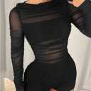 SweatyRocks Women's Sheer Mesh Long Sleeve Slim Fit Sexy Ruched Shirt Romper Shorts Bodysuit (Black, M)