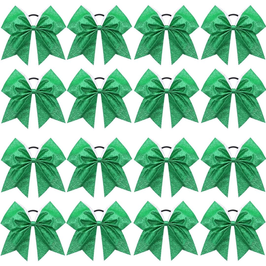 16PCS 8" Large Glitter Cheer Bows for Cheerleaders, CN Sparkly Hair Bows with Elastic Hair Ties Accessories for Teens Girls Women Cheerleading Softball Competition Sports (Green)