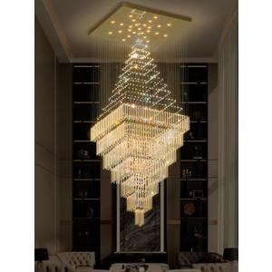 Flashing God D59''X H120'' Extra Large Chandeliers for High Ceilings Crystal Raindrop Gold Chandeliers Large Villa Chandelier Entrance Foyer Ceiling Light LED Dimmable 2700K-6000K Quadrate