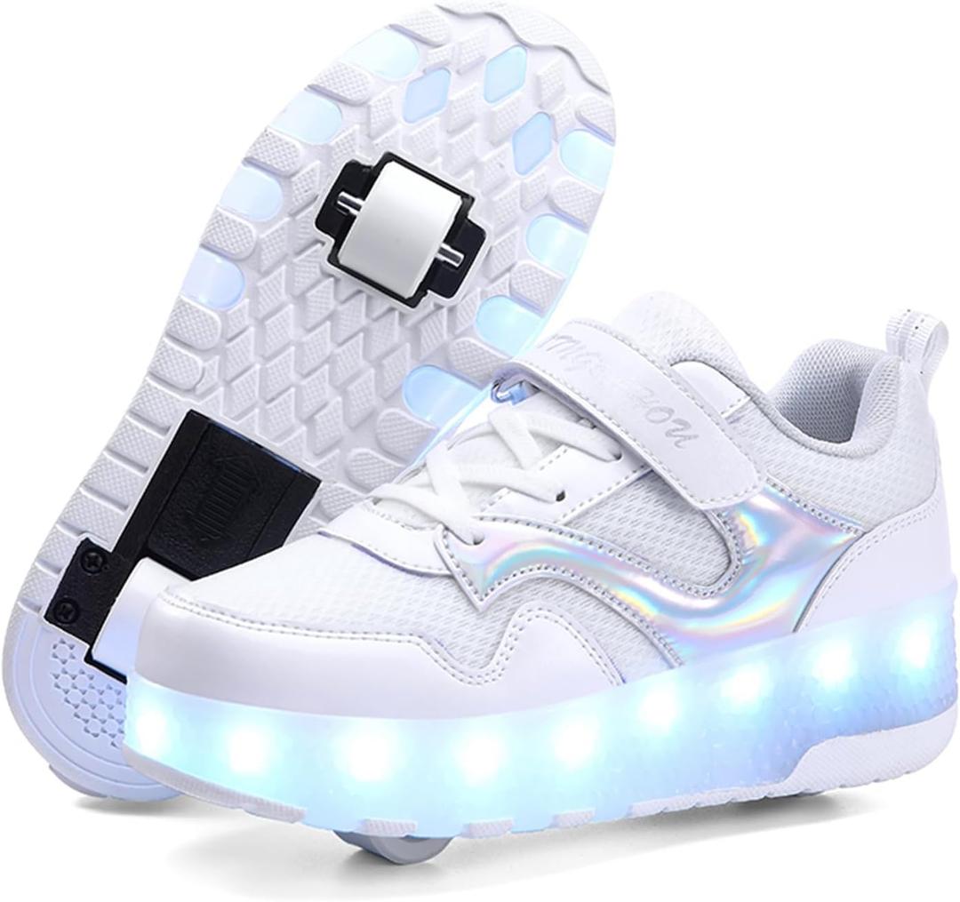 HHSTS Kids Shoes - New Upgraded with Wheels LED Light Color Shoes Shiny Roller Skates Skate Shoes Simple Kids Gifts Boys Girls The Best Gift for Party Birthday Christmas Day (3.5 Big Kid, 229-white)