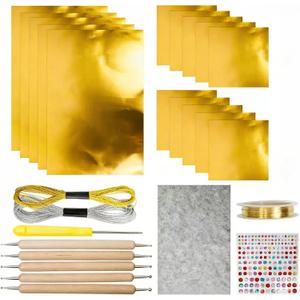 15pcs Gold Craft Foil Sheets, Gold Foil Sheets for Embossing, Decorative Metal Sheet Embossing Tools for Painting Gilding Crafting Decoration,with 2 Rolls Wire, (Gold Set)