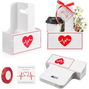 2 x Faccito 24 Set Nurse Appreciation Gifts 2-Cup Drink Carrier with Handle Holiday Kraft Paper Coffee Cup Holder, Include Greeting Card & Ribbon for Thank Nursing Assistant Graduates Party Favors