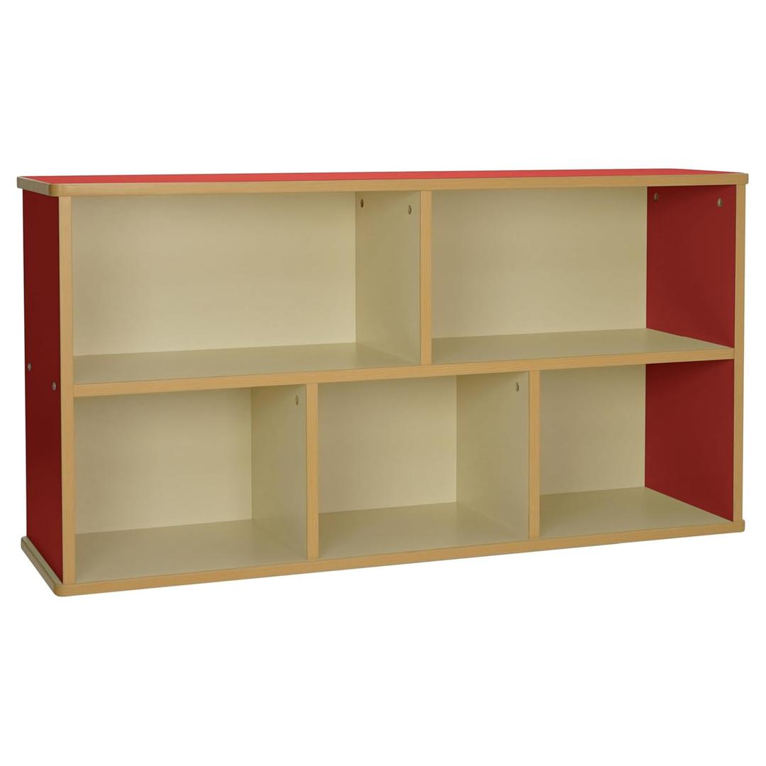 FDP Laminate 5-Compartment Storage Cabinet 24 inch Height; Organize Books, Toys, Games, Art Supplies, Durable, Sturdy Furniture for Home, Daycare, Preschool, Classroom - Almond/Red, 13886-ALRD