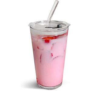 Olvini 15oz Glass Tumbler with Straw and Lid, Cute Iced Coffee Cups, Aesthetic Glass Cups, Coffee Tumbler, Water Cup, Matcha Cup, Drinking Glasses (Clear)
