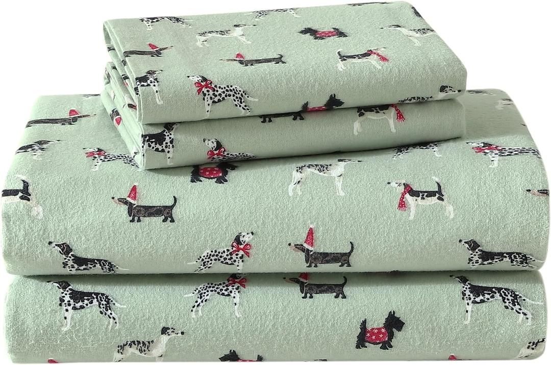 Laura Ashley - Flannel Sheets Queen Size, Anti-Pilling & Wrinkle Resistant Cotton, Touchably Soft for All-Season Comfort - Bed Sheets with Matching Pillowcases & Fitted Sheet (Holiday Pups Green)