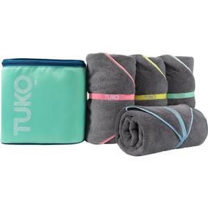 MISSION Tuko Microfiber Beach Towels 4 Pack, Quick Dry Pool Towel Set with Water Resistant Carrying Case, Lightweight Sand Resistant Travel Essential for Boat, Swim and Beach, 60 x 30