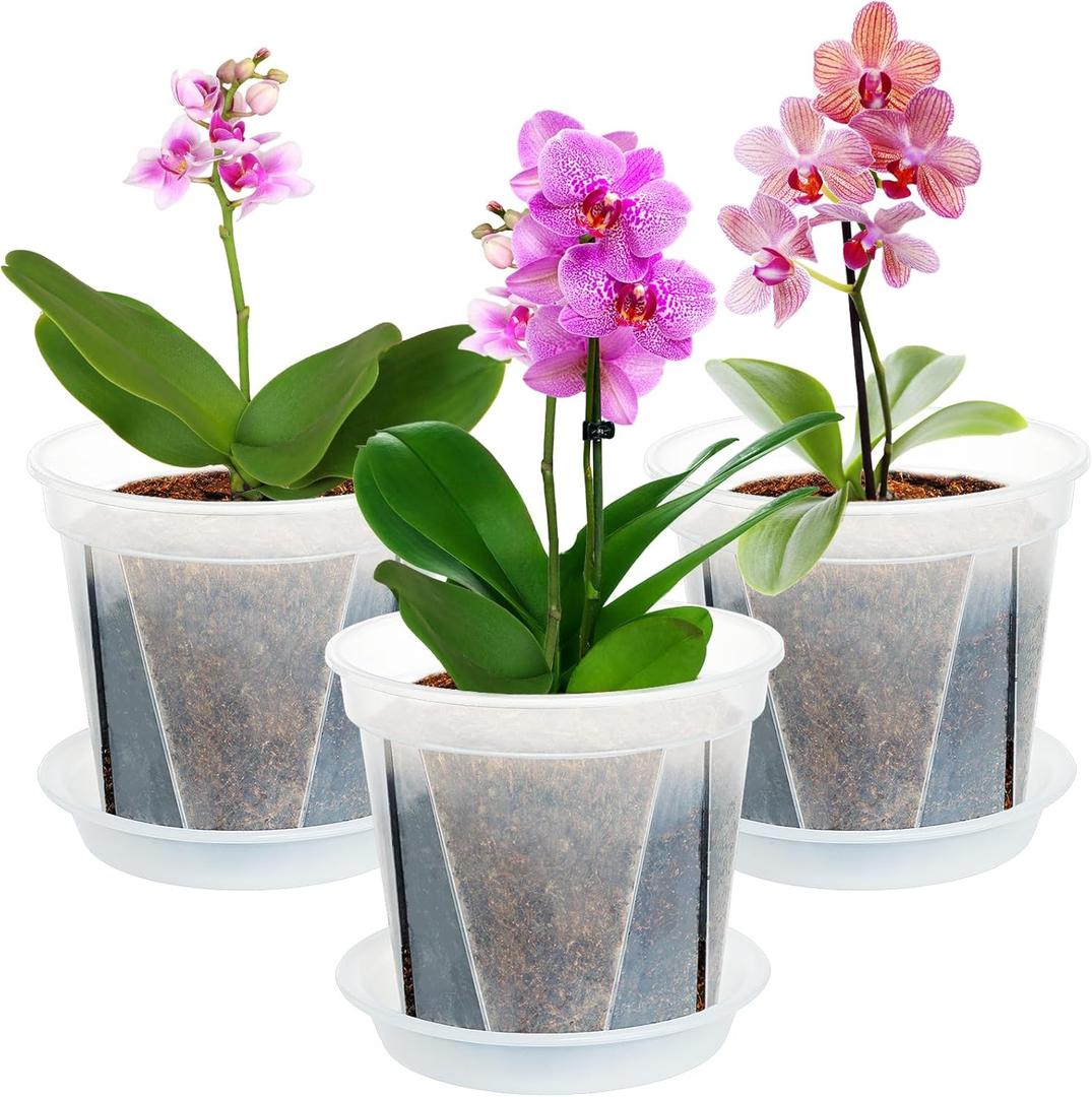 Plant Pots 7 inch Set of 3, Clear Plastic Nursery Pots with Drainage Holes and Saucers, Flowers Planter Pots for Indoor Outdoor Plants