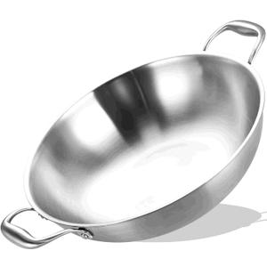 LOLYKITCH 14.5 Inch Tri-Ply Stainless Steel Chef's Wok Pan,Deep Stir-Fry Pan,Jumbo Cooker,Induction Cooking Pot,Dishwasher and Oven Safe