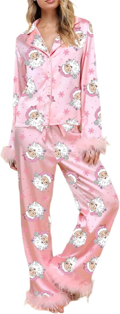 Sunloudy Silk Christmas Pajamas for Women Feather Trim Santa Printed Button Down Shirts Pants Lounge Set Xmas Pj Sleepwear (Medium, Pink)