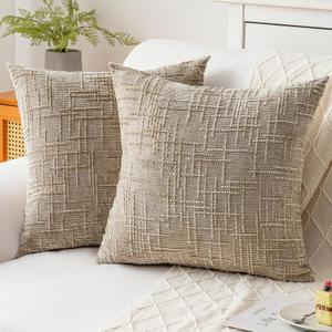 Decorative Throw Pillow Covers 20x20 Inch Set of 2, Soft Solid Farmhouse Chenille Couch Pillows, Spring Pillow Covers for Couch Sofa Bed Living Room Home Decor Pillowcase, Light Khaki