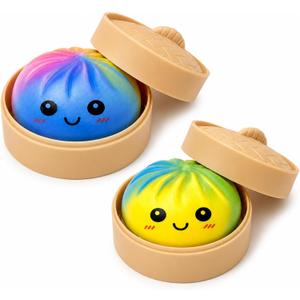 2PCS Rainbow Dumpling Squishies Stress Balls, Colorful Squishies Dumpling Fidget Sensory Toy with Food Steamer, Squeeze Dough Ball for Stress Relief, Stretchy Desk Toys Gift
